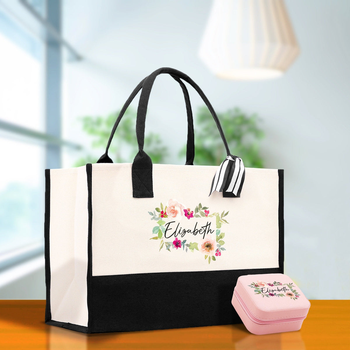 Floral Frame Custom Name Cotton Canvas Tote Bag Personalized Bridesmaid Gift Bag Wedding Birthday Gift Custom Name Tote Maid of Honor Gift - Aaria Tees