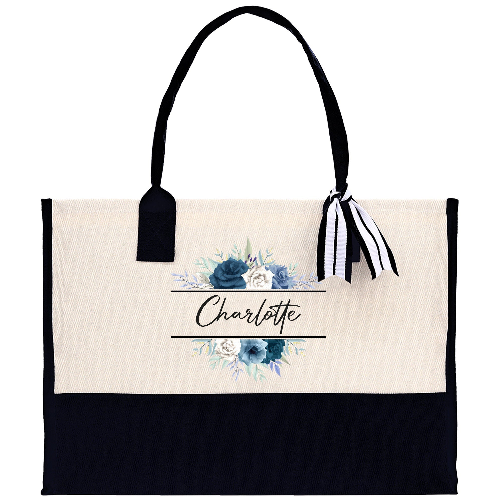 Floral Frame Custom Name Cotton Canvas Tote Bag Personalized Bridesmaid Gift Bag Wedding Birthday Gift Custom Name Tote Maid of Honor Gift - Aaria Tees Aaria Tees