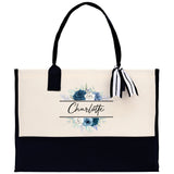 Floral Frame Custom Name Cotton Canvas Tote Bag Personalized Bridesmaid Gift Bag Wedding Birthday Gift Custom Name Tote Maid of Honor Gift - Aaria Tees Aaria Tees
