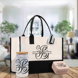Split Initial and Name Custom Cotton Canvas Tote Bag Personalized Initial Tote Birthday Gift Wedding Gift Jewelry Box Frosted Can Glass Set - Aaria Tees Aaria Tees