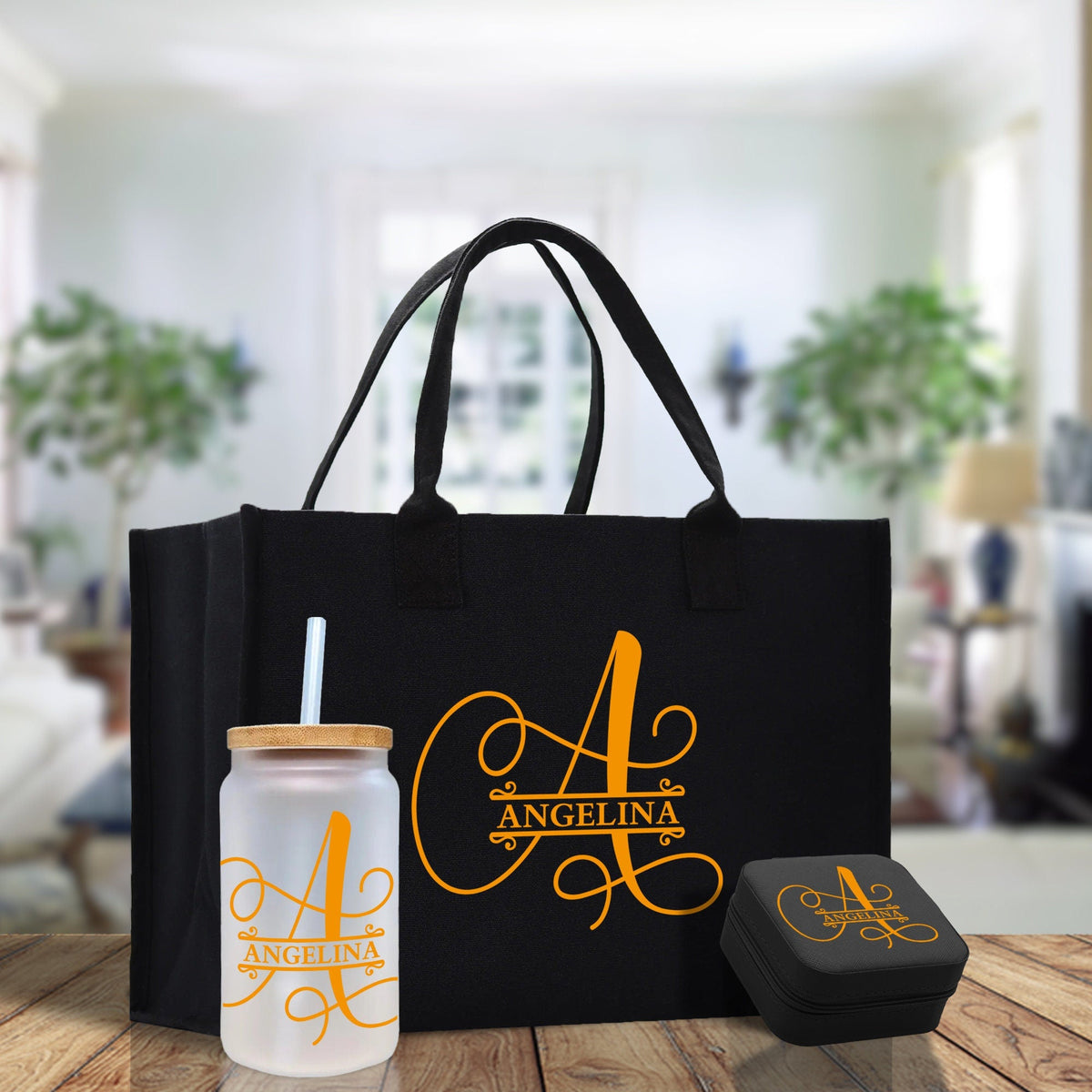 Split Initial and Name Custom Cotton Canvas Tote Bag Personalized Initial Tote Birthday Gift Wedding Gift Jewelry Box Frosted Can Glass Set - Aaria Tees