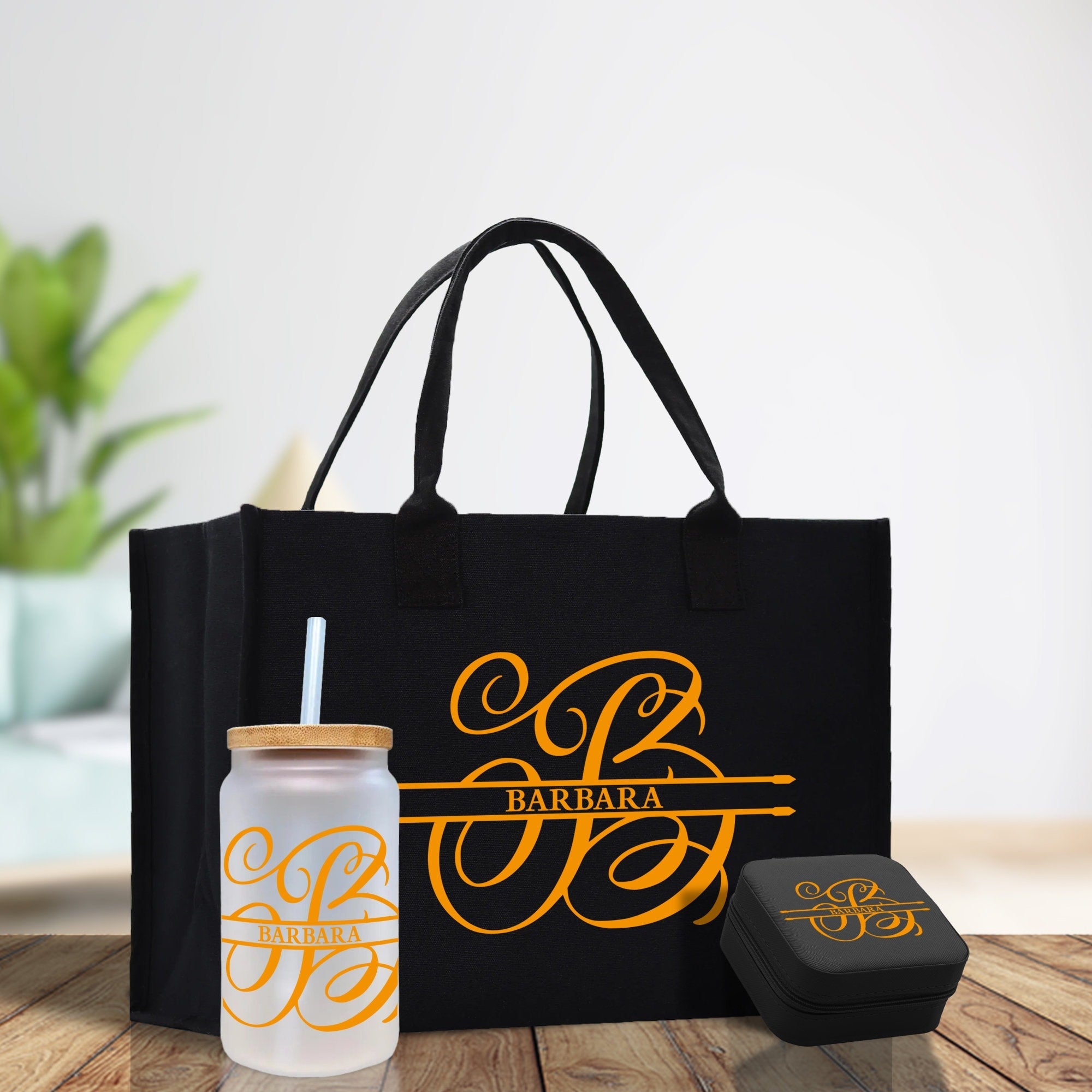 Split Initial and Name Custom Cotton Canvas Tote Bag Personalized Initial Tote Birthday Gift Wedding Gift Jewelry Box Frosted Can Glass Set - Aaria Tees Aaria Tees