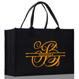 Split Initial and Name Custom Cotton Canvas Tote Bag Personalized Initial Tote Birthday Gift Wedding Gift Jewelry Box Frosted Can Glass Set - Aaria Tees Aaria Tees