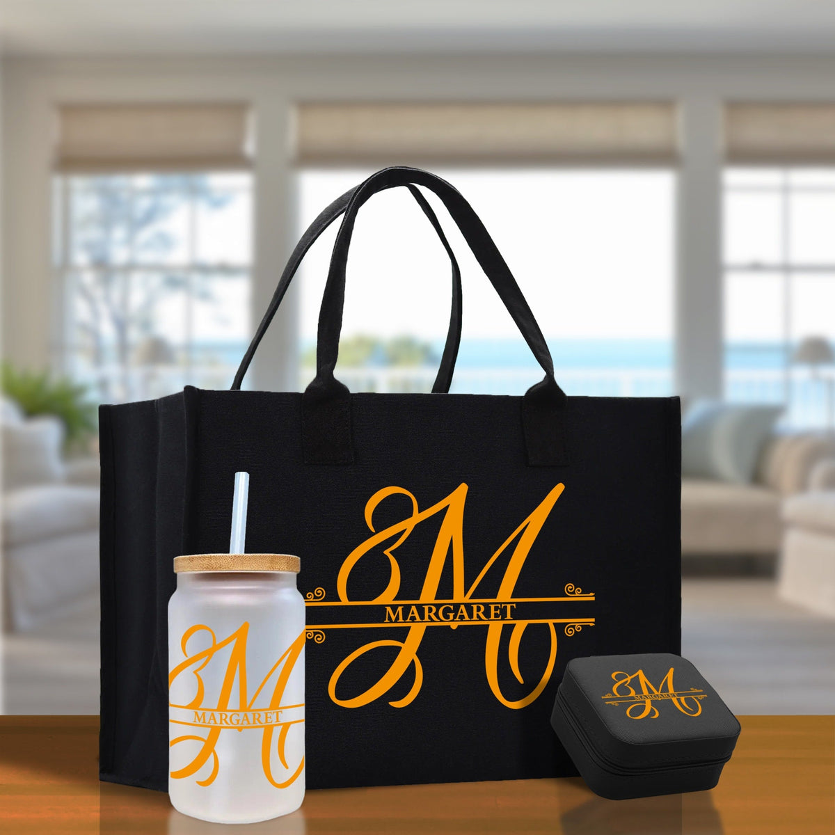Split Initial and Name Custom Cotton Canvas Tote Bag Personalized Initial Tote Birthday Gift Wedding Gift Jewelry Box Frosted Can Glass Set - Aaria Tees