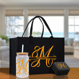 Split Initial and Name Custom Cotton Canvas Tote Bag Personalized Initial Tote Birthday Gift Wedding Gift Jewelry Box Frosted Can Glass Set - Aaria Tees Aaria Tees