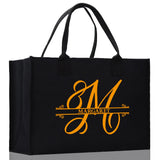 Split Initial and Name Custom Cotton Canvas Tote Bag Personalized Initial Tote Birthday Gift Wedding Gift Jewelry Box Frosted Can Glass Set - Aaria Tees Aaria Tees