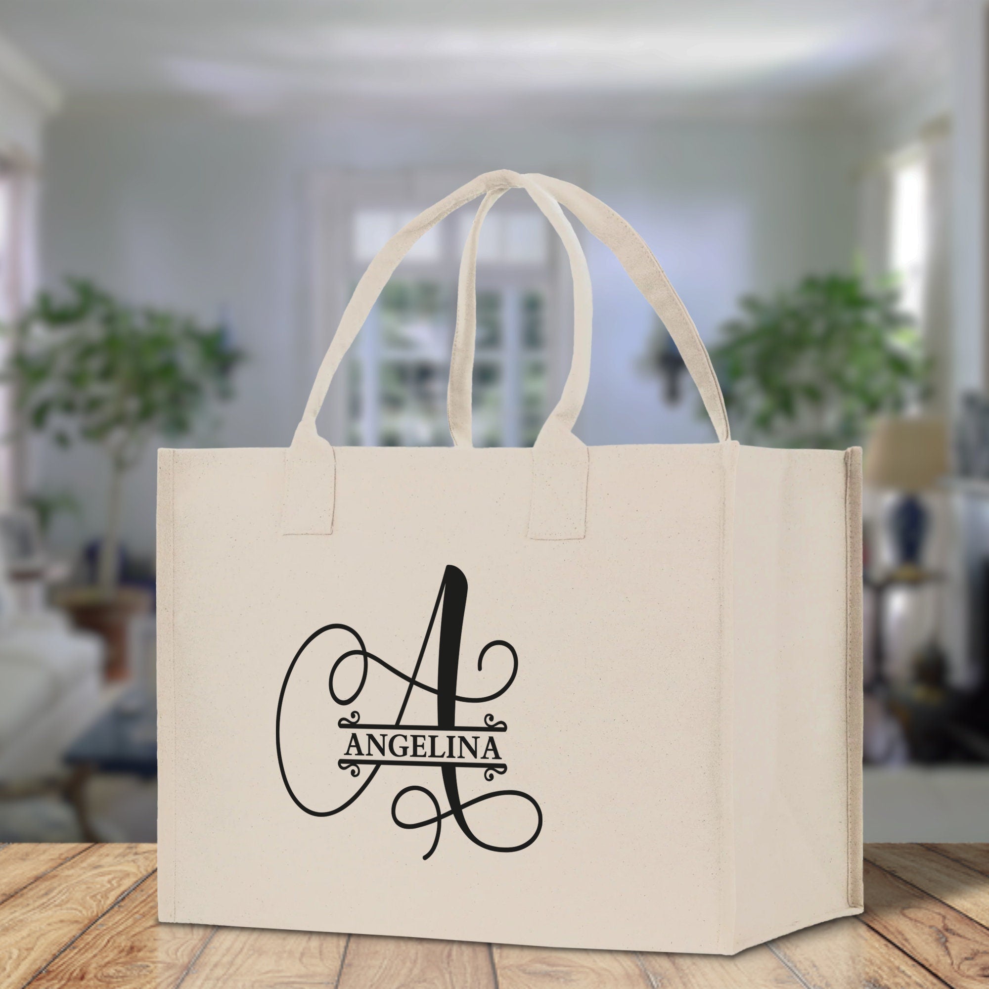 Split Initial and Name Custom Cotton Canvas Tote Bag Personalized Initial Tote Birthday Gift Wedding Gift Jewelry Box Frosted Can Glass Set - Aaria Tees Aaria Tees