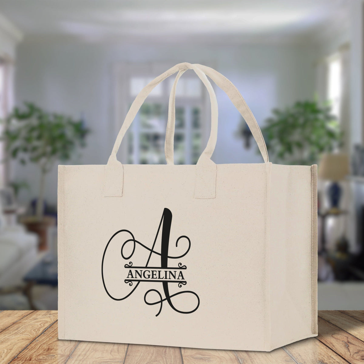 Split Initial and Name Custom Cotton Canvas Tote Bag Personalized Initial Tote Birthday Gift Wedding Gift Jewelry Box Frosted Can Glass Set - Aaria Tees