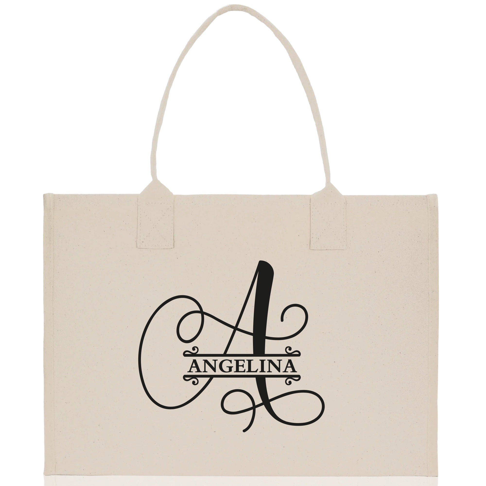 Split Initial and Name Custom Cotton Canvas Tote Bag Personalized Initial Tote Birthday Gift Wedding Gift Jewelry Box Frosted Can Glass Set - Aaria Tees Aaria Tees
