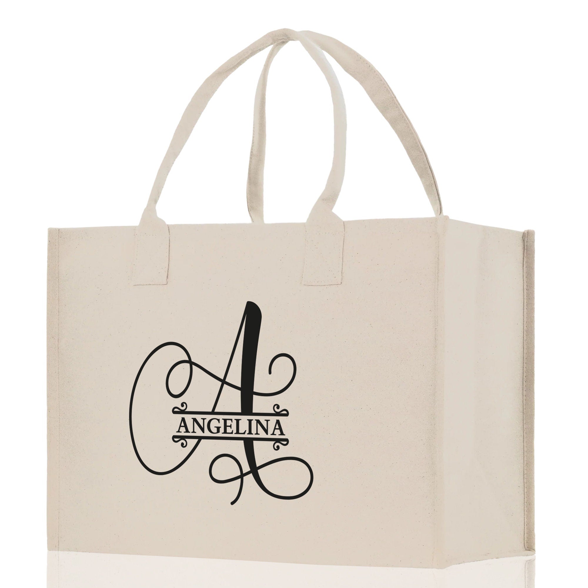 Split Initial and Name Custom Cotton Canvas Tote Bag Personalized Initial Tote Birthday Gift Wedding Gift Jewelry Box Frosted Can Glass Set - Aaria Tees Aaria Tees