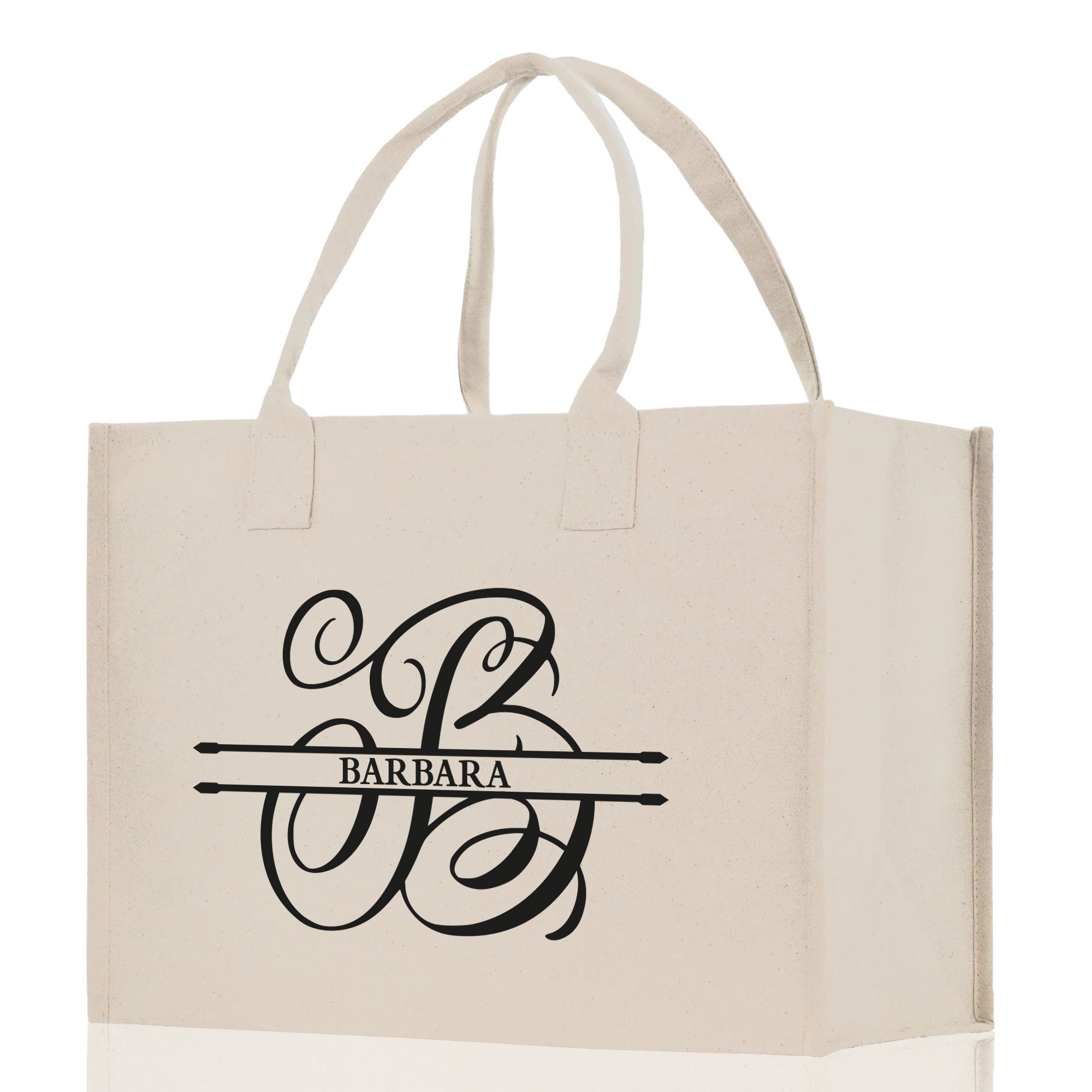Split Initial and Name Custom Cotton Canvas Tote Bag Personalized Initial Tote Birthday Gift Wedding Gift Jewelry Box Frosted Can Glass Set - Aaria Tees Aaria Tees
