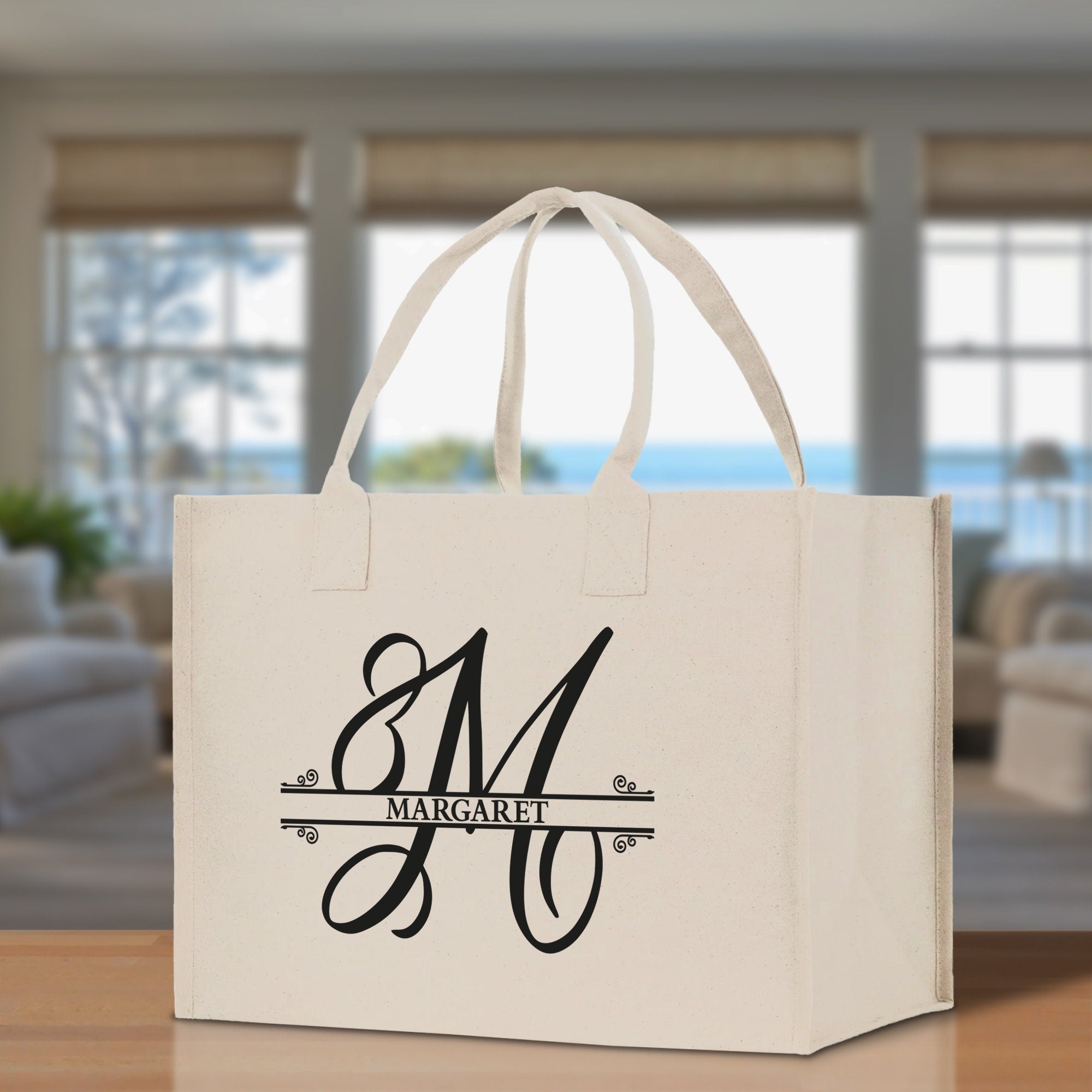 Split Initial and Name Custom Cotton Canvas Tote Bag Personalized Initial Tote Birthday Gift Wedding Gift Jewelry Box Frosted Can Glass Set - Aaria Tees Aaria Tees