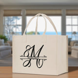 Split Initial and Name Custom Cotton Canvas Tote Bag Personalized Initial Tote Birthday Gift Wedding Gift Jewelry Box Frosted Can Glass Set - Aaria Tees Aaria Tees