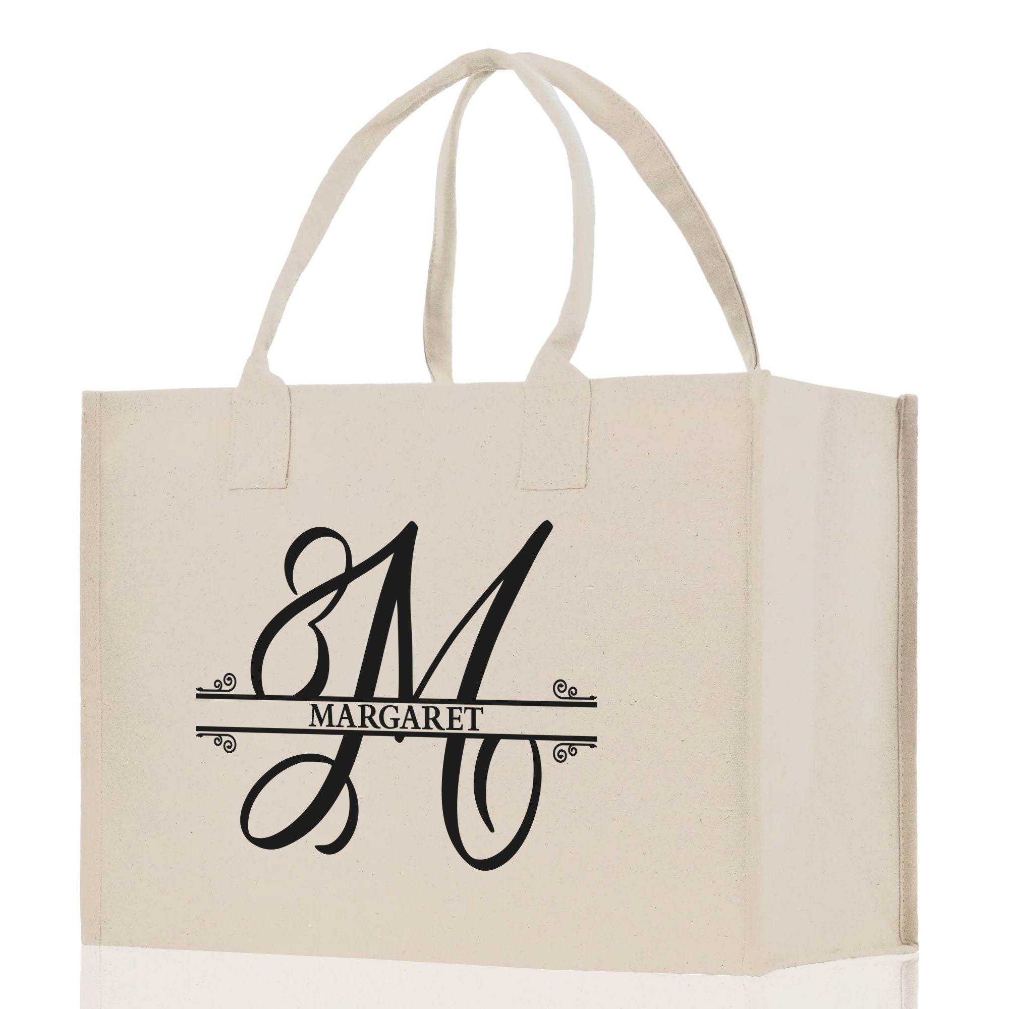 Split Initial and Name Custom Cotton Canvas Tote Bag Personalized Initial Tote Birthday Gift Wedding Gift Jewelry Box Frosted Can Glass Set - Aaria Tees Aaria Tees