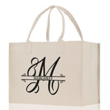 Split Initial and Name Custom Cotton Canvas Tote Bag Personalized Initial Tote Birthday Gift Wedding Gift Jewelry Box Frosted Can Glass Set - Aaria Tees Aaria Tees