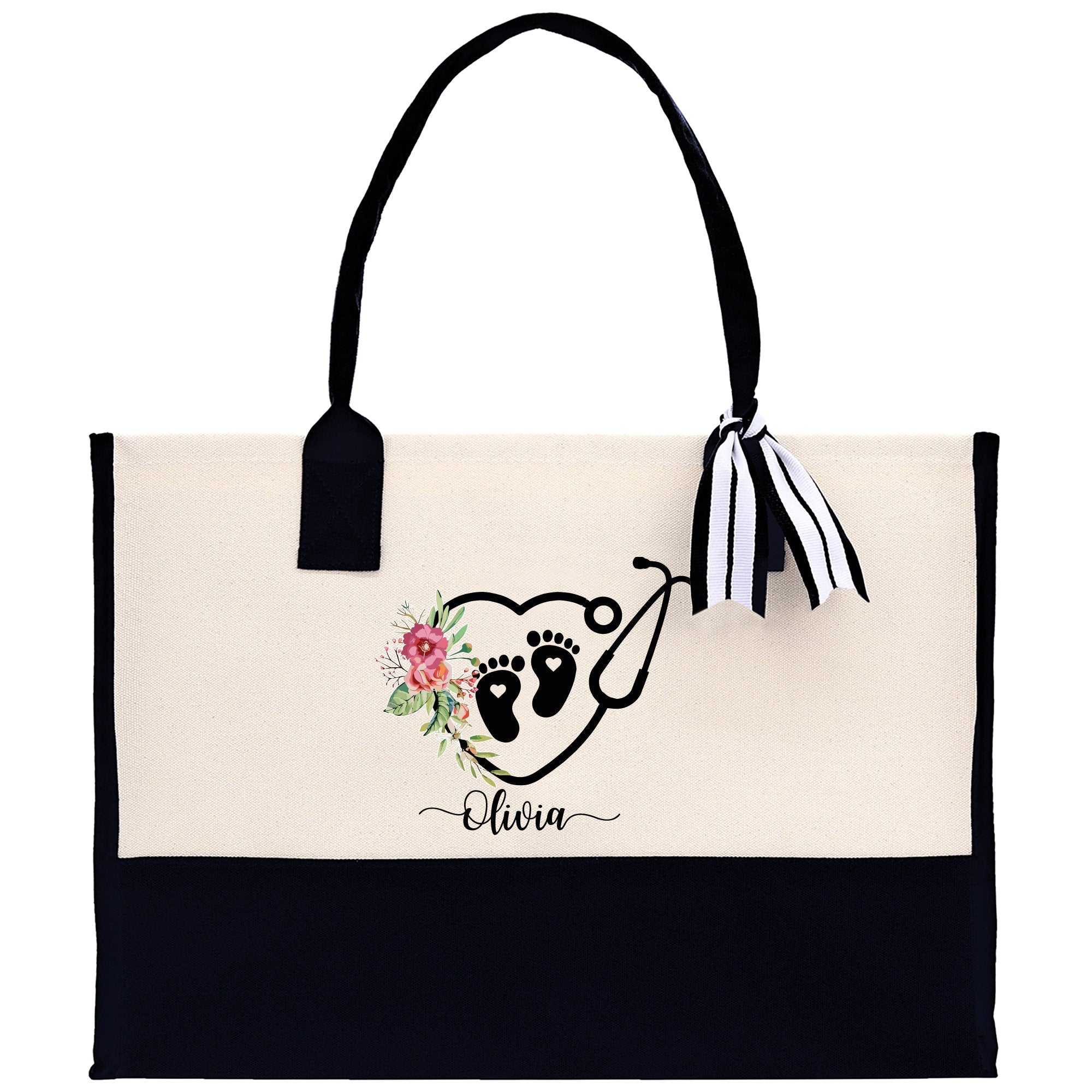 Floral Stethoscope Nurse Tote Custom Name Personalized Cotton Canvas Tote Bag Nurse Gift Future Nurse Gift Nursing Student Graduation Gift - Aaria Tees Aaria Tees