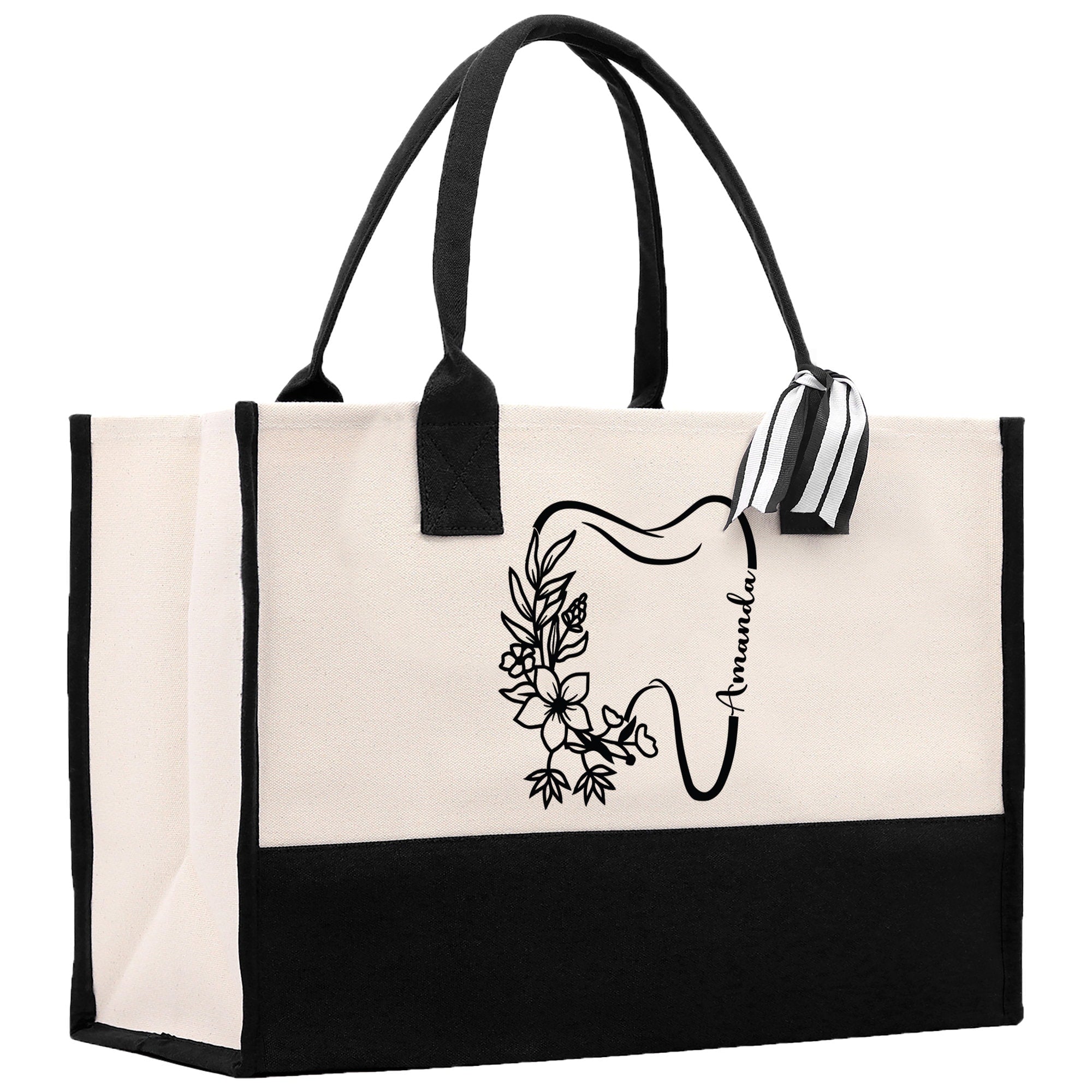 Floral Teeth Nurse Tote Custom Name Personalized Cotton Canvas Tote Bag Nurse Gift Future Nurse Gift Nursing Student Graduation Gift - Aaria Tees Aaria Tees