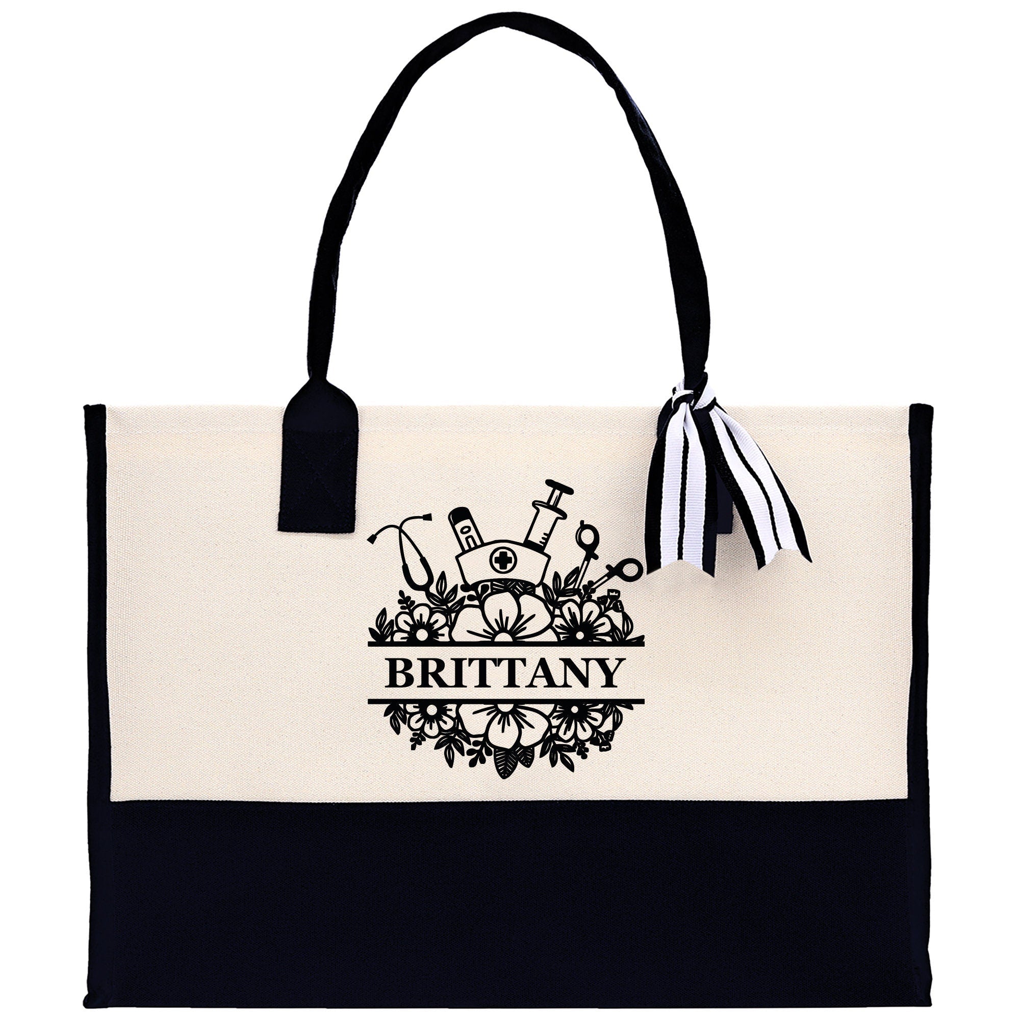 Nurse Stuff Floral Tote Custom Name Personalized Cotton Canvas Tote Bag Nurse Gift Future Nurse Gift Nursing Student Graduation Gift - Aaria Tees Aaria Tees