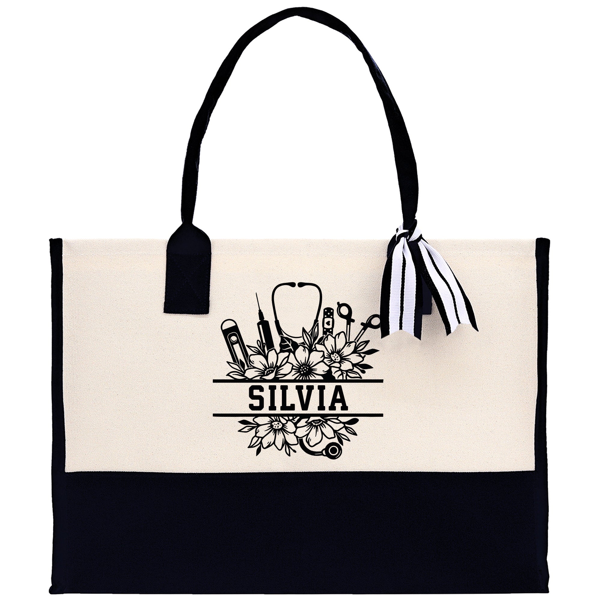 Nurse Stuff Floral Tote Custom Name Personalized Cotton Canvas Tote Bag Nurse Gift Future Nurse Gift Nursing Student Graduation Gift - Aaria Tees Aaria Tees