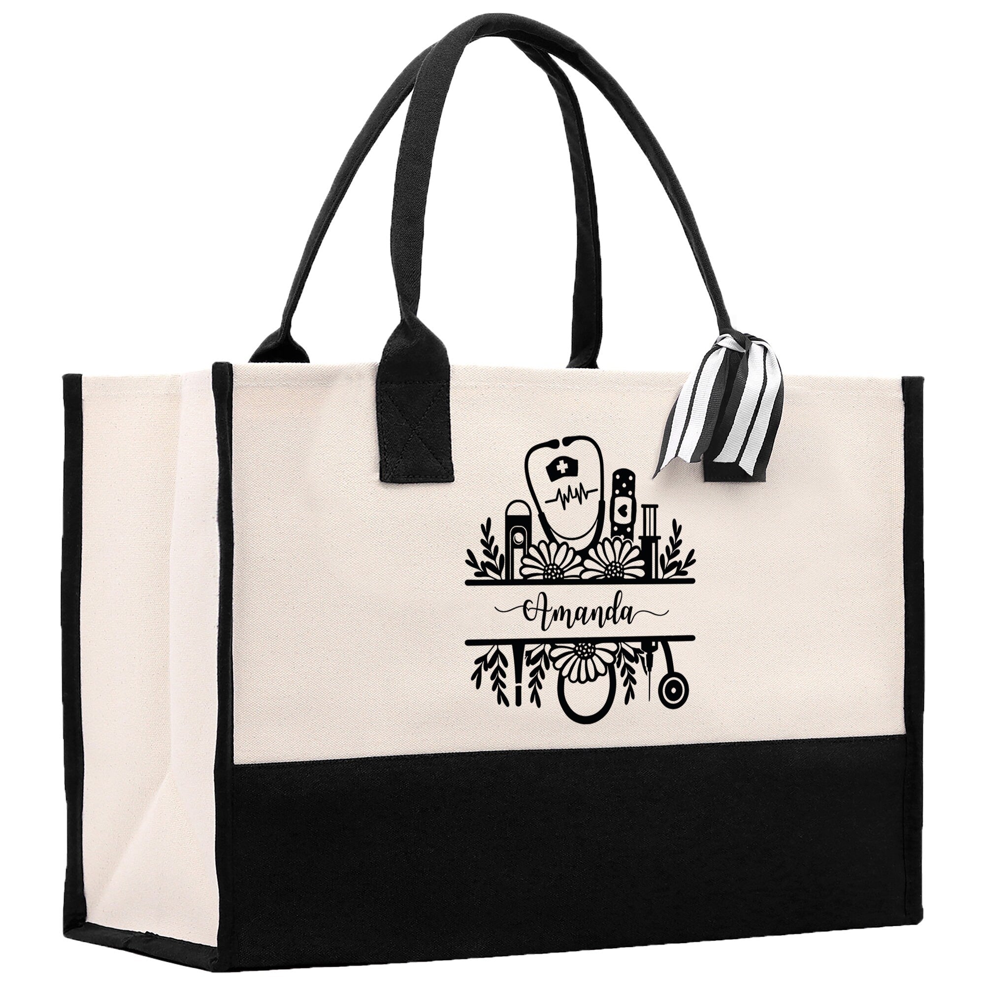 Nurse Stuff Floral Tote Custom Name Personalized Cotton Canvas Tote Bag Nurse Gift Future Nurse Gift Nursing Student Graduation Gift - Aaria Tees Aaria Tees