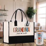 Leopard Colorful Grandma Custom Names Cotton Canvas Tote Bag Grandma Birthday Gift Set Frosted Can Glass with Bag Set From Grandkids Gift - Aaria Tees Aaria Tees