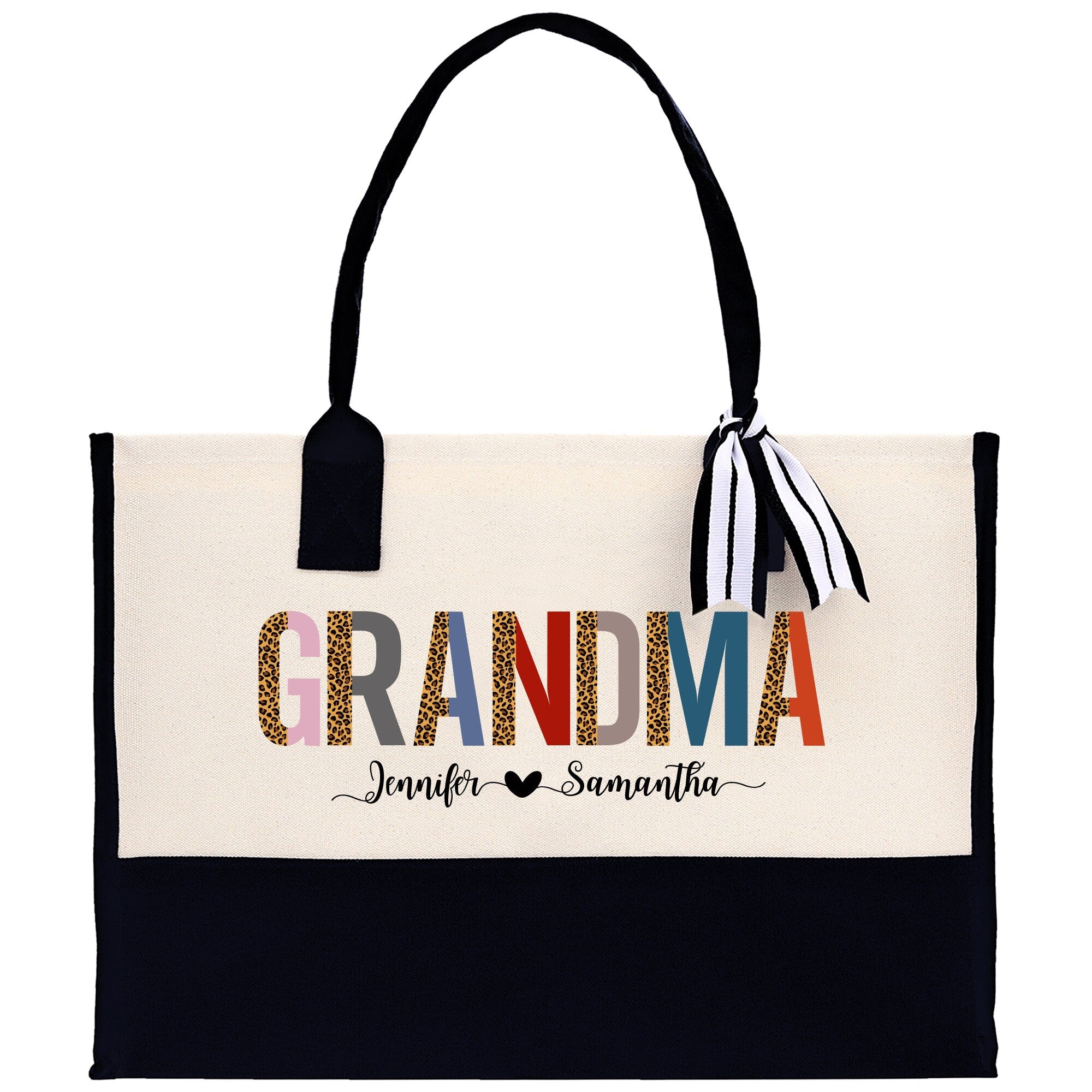 Leopard Colorful Grandma Custom Names Cotton Canvas Tote Bag Grandma Birthday Gift Set Frosted Can Glass with Bag Set From Grandkids Gift - Aaria Tees Aaria Tees