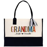 Leopard Colorful Grandma Custom Names Cotton Canvas Tote Bag Grandma Birthday Gift Set Frosted Can Glass with Bag Set From Grandkids Gift - Aaria Tees Aaria Tees
