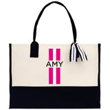 Personalized Monogrammed Canvas Tote Bag Striped Initials Custom Name Beach Bag Bridal Party Gifts Bride Gift Holiday Gift Bag - Aaria Tees Aaria Tees