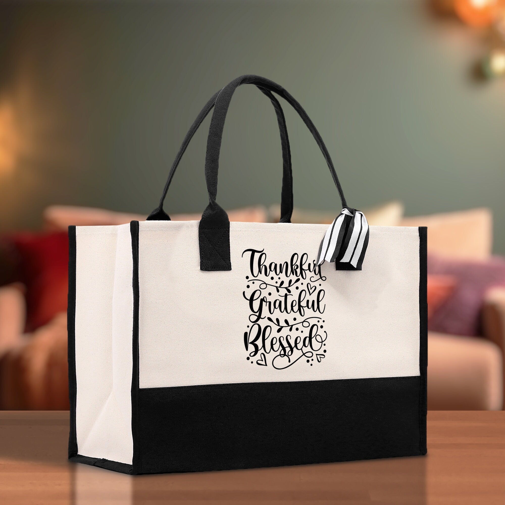 Thankful Grateful Blessed Cotton Canvas Tote Bag Thanksgiving Bag Autumn Fall Vibes Bag Motivational Bag Blessed Bag Fall Market Grocery Bag - Aaria Tees Aaria Tees