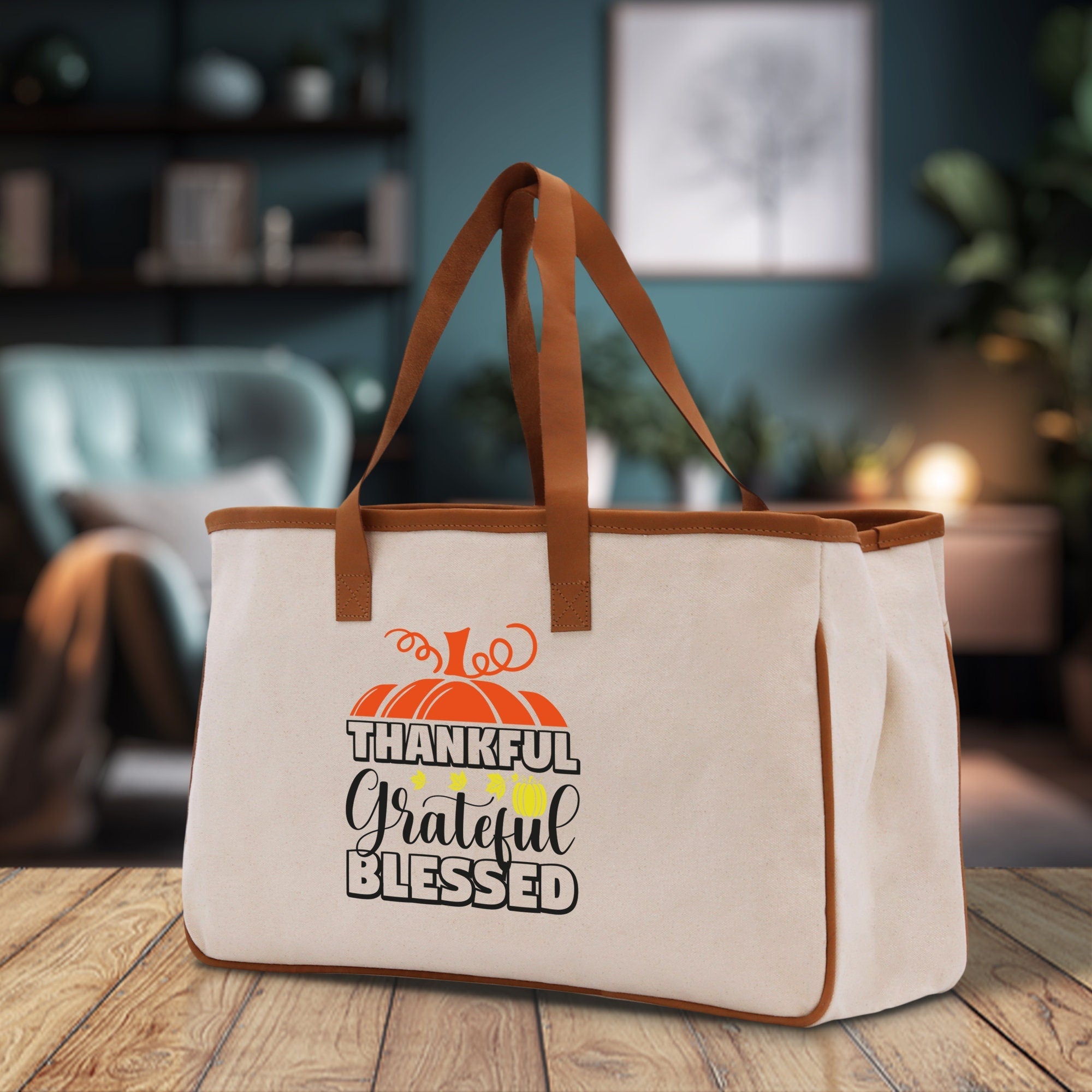Thankful Grateful Blessed Cotton Canvas Tote Bag Thanksgiving Bag Autumn Fall Vibes Bag Motivational Bag Blessed Bag Fall Market Grocery Bag - Aaria Tees Aaria Tees