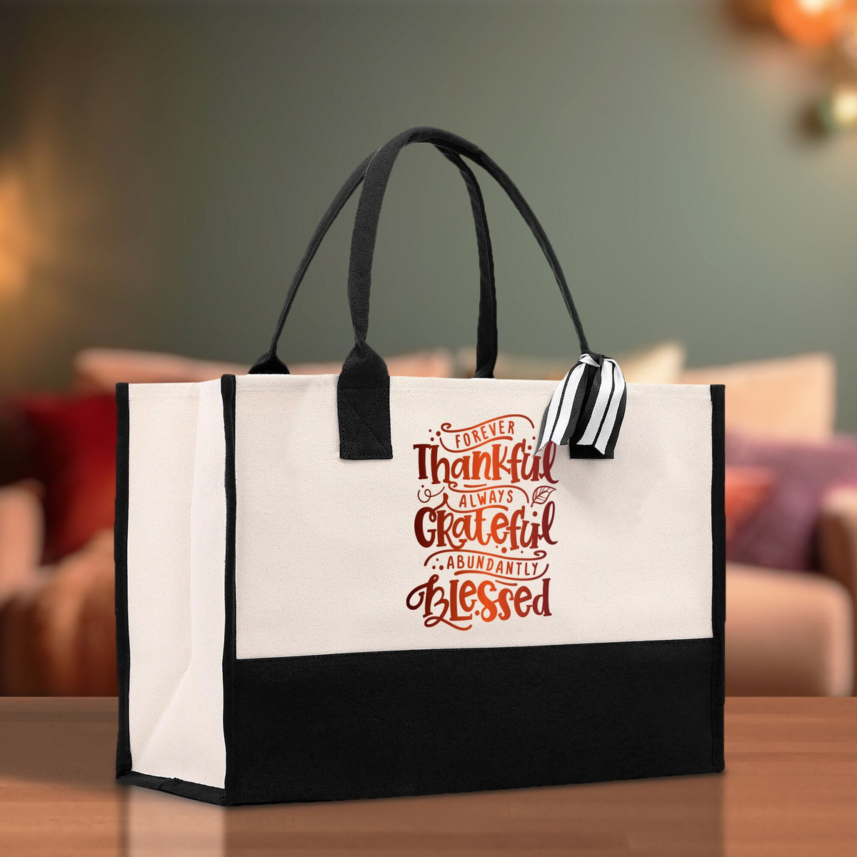 Thankful Grateful Blessed Cotton Canvas Tote Bag Thanksgiving Bag Autumn Fall Vibes Bag Motivational Bag Blessed Bag Fall Market Grocery Bag - Aaria Tees