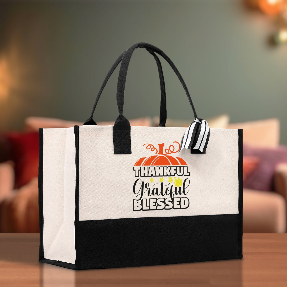 Thankful Grateful Blessed Cotton Canvas Tote Bag Thanksgiving Bag Autumn Fall Vibes Bag Motivational Bag Blessed Bag Fall Market Grocery Bag - Aaria Tees