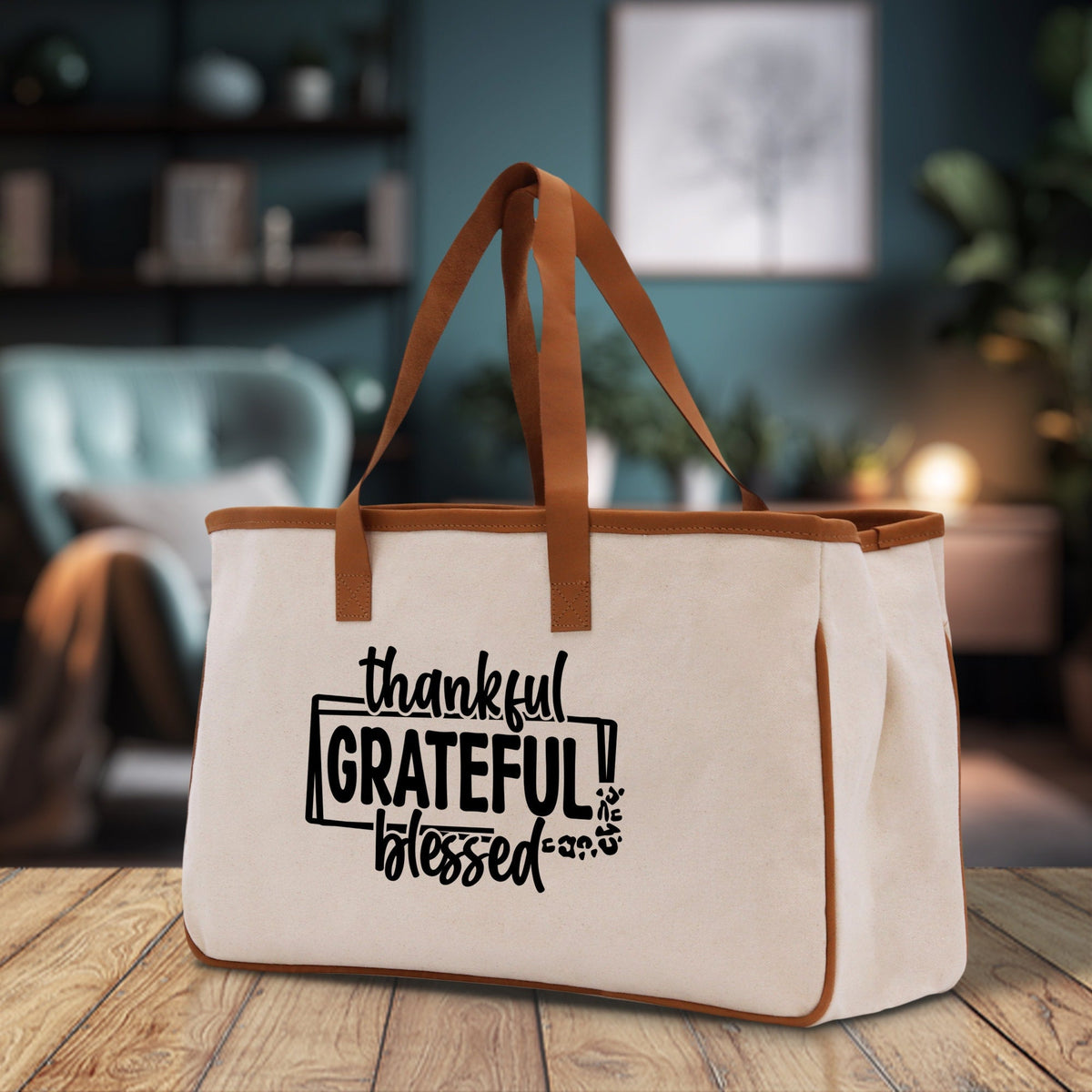 Thankful Grateful Blessed Cotton Canvas Tote Bag Thanksgiving Bag Autumn Fall Vibes Bag Motivational Bag Blessed Bag Fall Market Grocery Bag - Aaria Tees