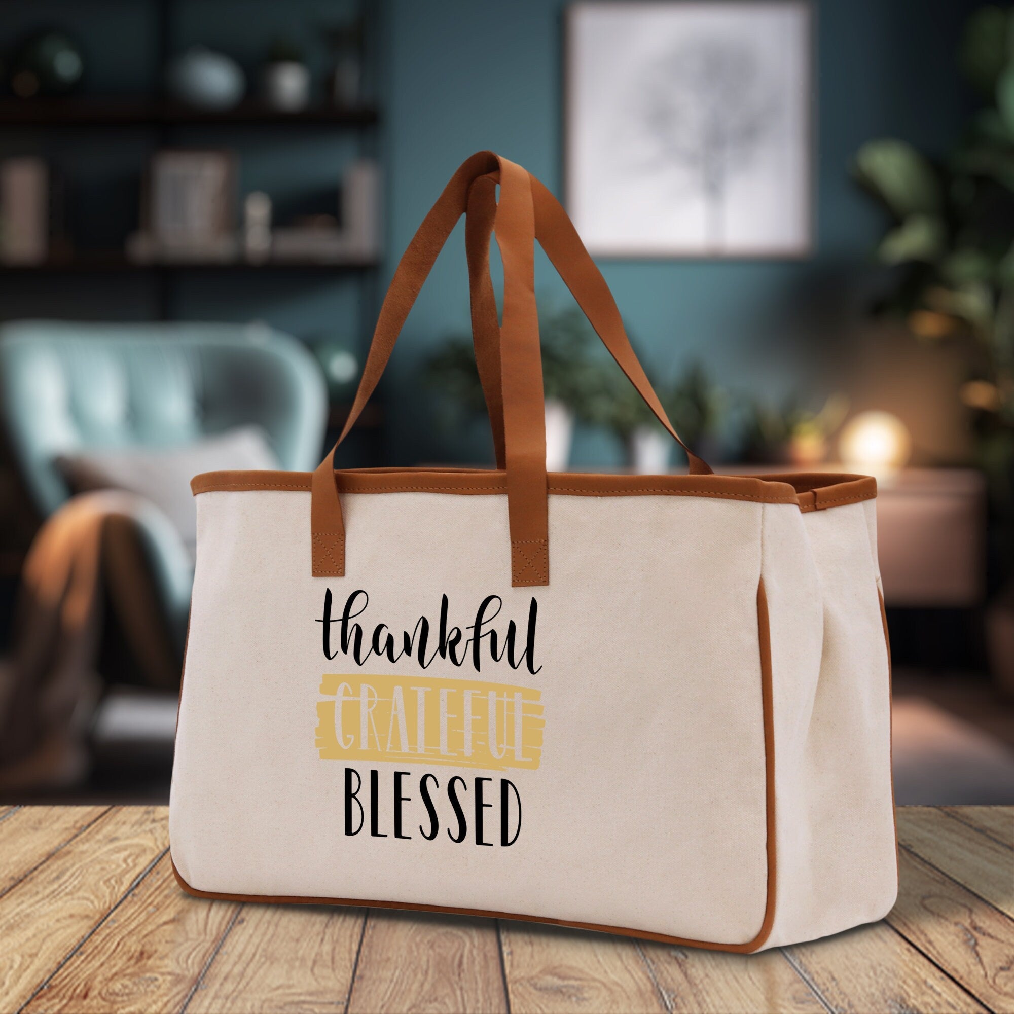 Thankful Grateful Blessed Cotton Canvas Tote Bag Thanksgiving Bag Autumn Fall Vibes Bag Motivational Bag Blessed Bag Fall Market Grocery Bag - Aaria Tees Aaria Tees