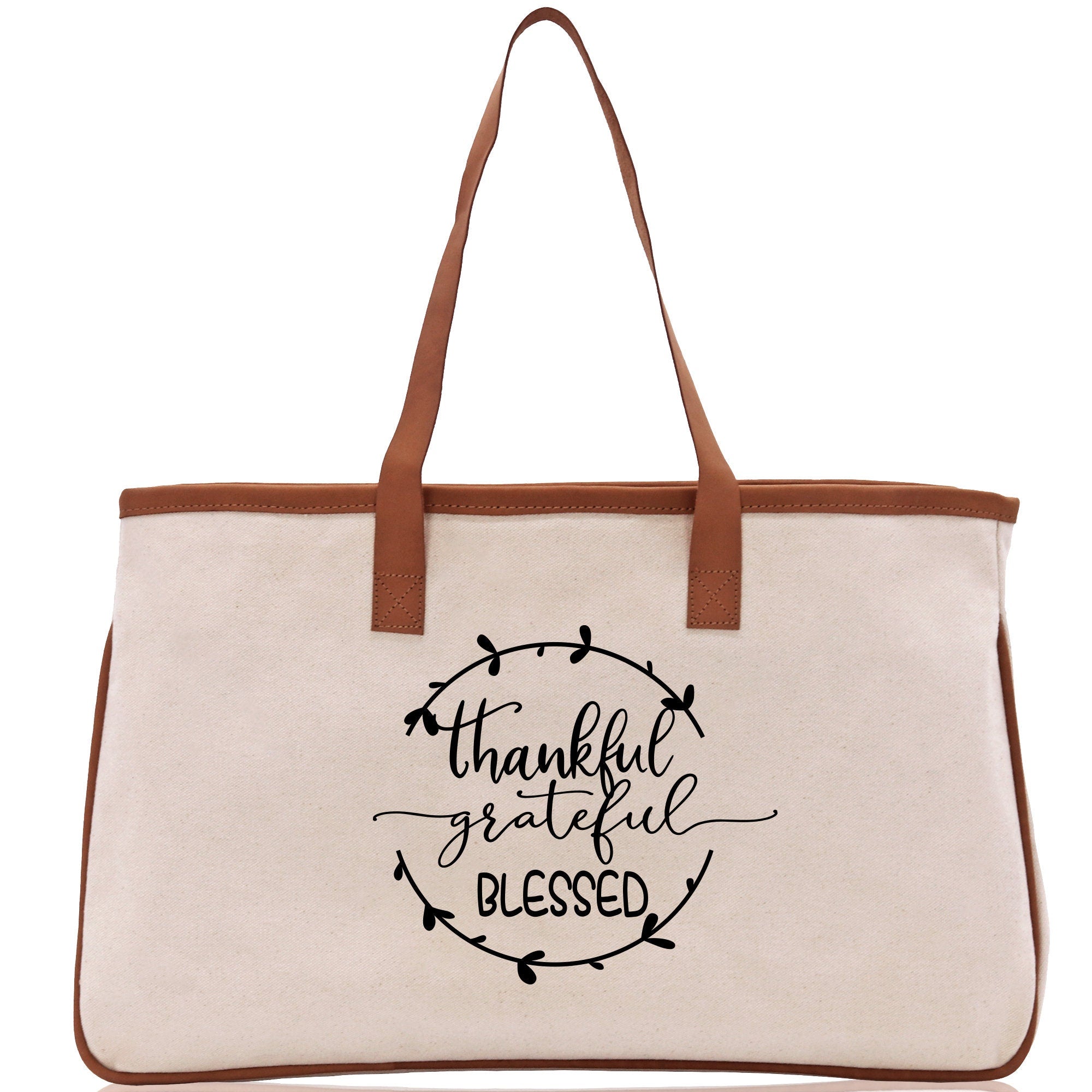 Thankful Grateful Blessed Cotton Canvas Tote Bag Thanksgiving Bag Autumn Fall Vibes Bag Motivational Bag Blessed Bag Fall Market Grocery Bag - Aaria Tees Aaria Tees