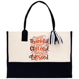 Thankful Grateful Blessed Cotton Canvas Tote Bag Thanksgiving Bag Autumn Fall Vibes Bag Motivational Bag Blessed Bag Fall Market Grocery Bag - Aaria Tees Aaria Tees