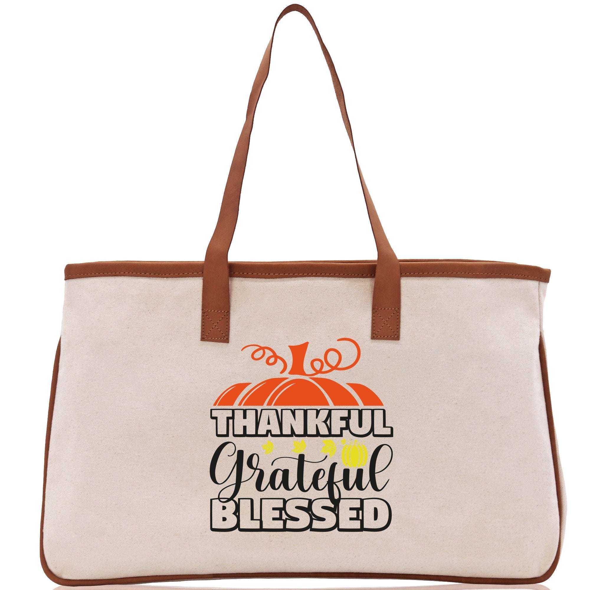 Thankful Grateful Blessed Cotton Canvas Tote Bag Thanksgiving Bag Autumn Fall Vibes Bag Motivational Bag Blessed Bag Fall Market Grocery Bag - Aaria Tees Aaria Tees