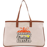 Thankful Grateful Blessed Cotton Canvas Tote Bag Thanksgiving Bag Autumn Fall Vibes Bag Motivational Bag Blessed Bag Fall Market Grocery Bag - Aaria Tees Aaria Tees