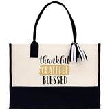 Thankful Grateful Blessed Cotton Canvas Tote Bag Thanksgiving Bag Autumn Fall Vibes Bag Motivational Bag Blessed Bag Fall Market Grocery Bag - Aaria Tees Aaria Tees