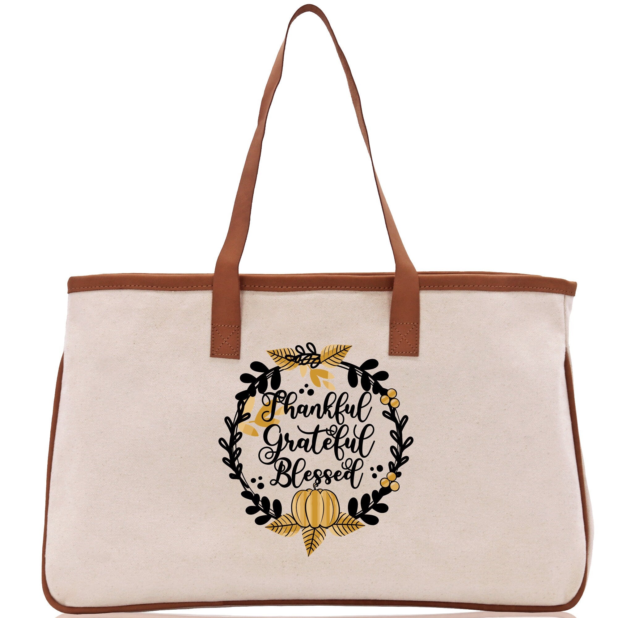 Thankful Grateful Blessed Cotton Canvas Tote Bag Thanksgiving Bag Autumn Fall Vibes Bag Motivational Bag Blessed Bag Fall Market Grocery Bag - Aaria Tees Aaria Tees