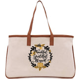 Thankful Grateful Blessed Cotton Canvas Tote Bag Thanksgiving Bag Autumn Fall Vibes Bag Motivational Bag Blessed Bag Fall Market Grocery Bag - Aaria Tees Aaria Tees