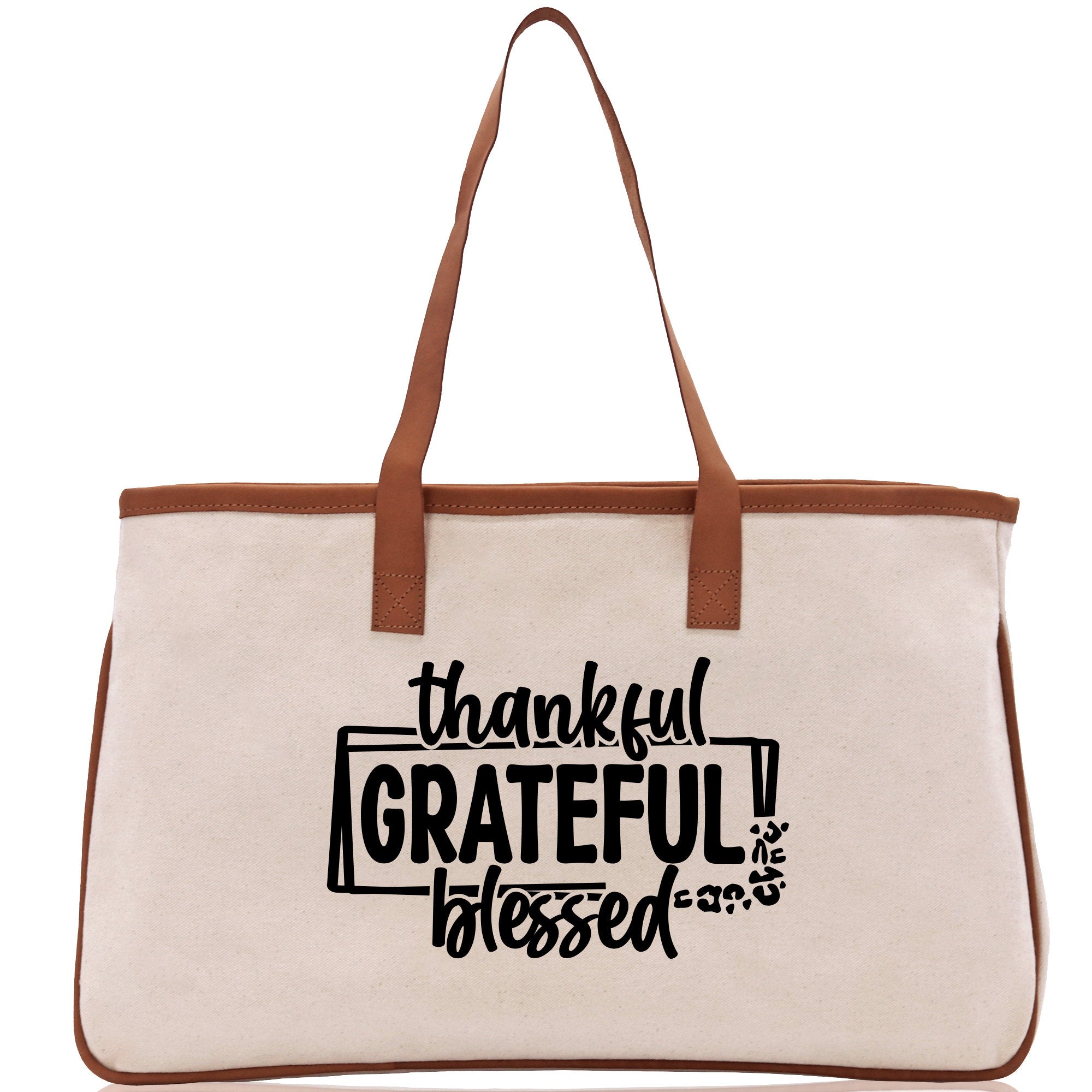 Thankful Grateful Blessed Cotton Canvas Tote Bag Thanksgiving Bag Autumn Fall Vibes Bag Motivational Bag Blessed Bag Fall Market Grocery Bag - Aaria Tees Aaria Tees