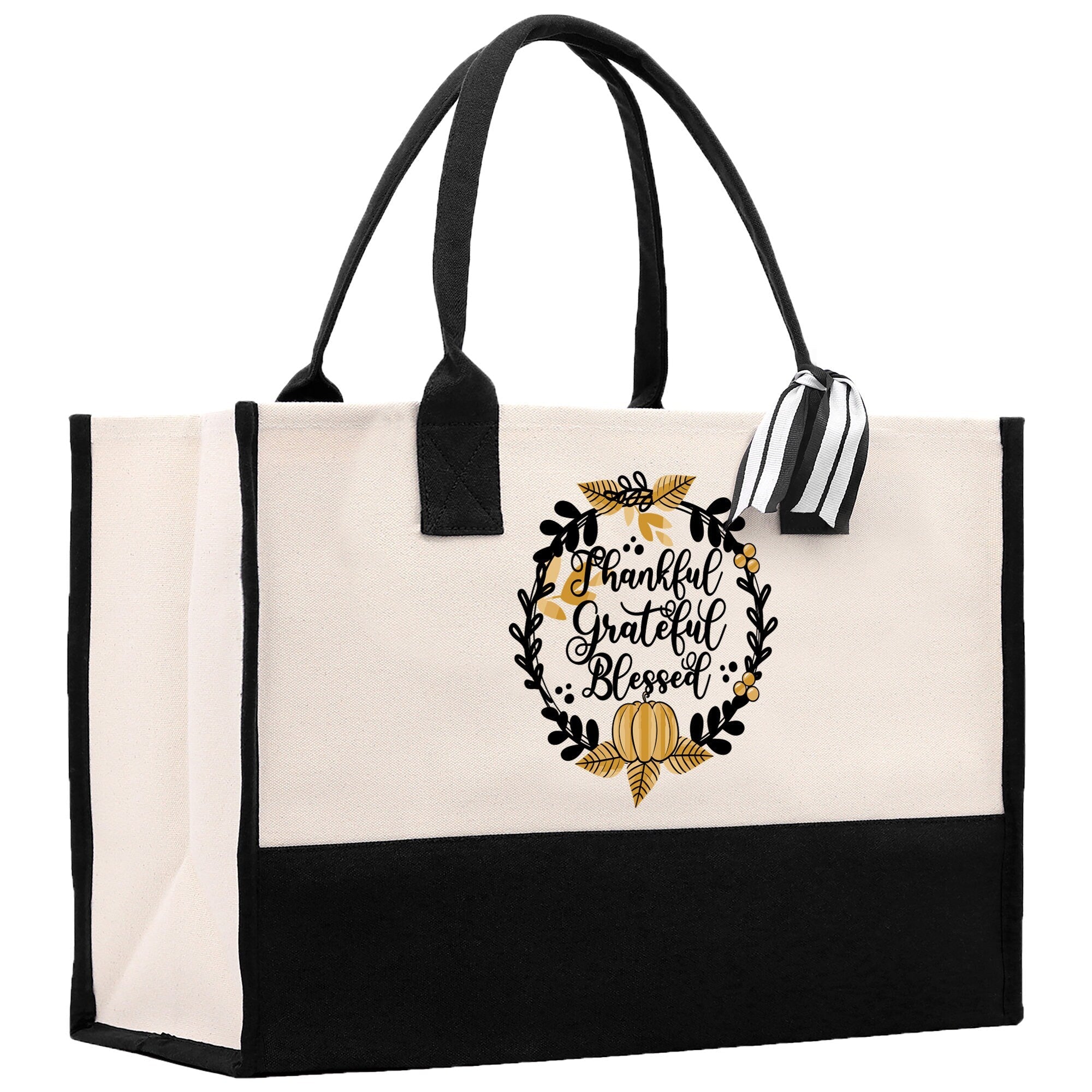 Thankful Grateful Blessed Cotton Canvas Tote Bag Thanksgiving Bag Autumn Fall Vibes Bag Motivational Bag Blessed Bag Fall Market Grocery Bag - Aaria Tees Aaria Tees