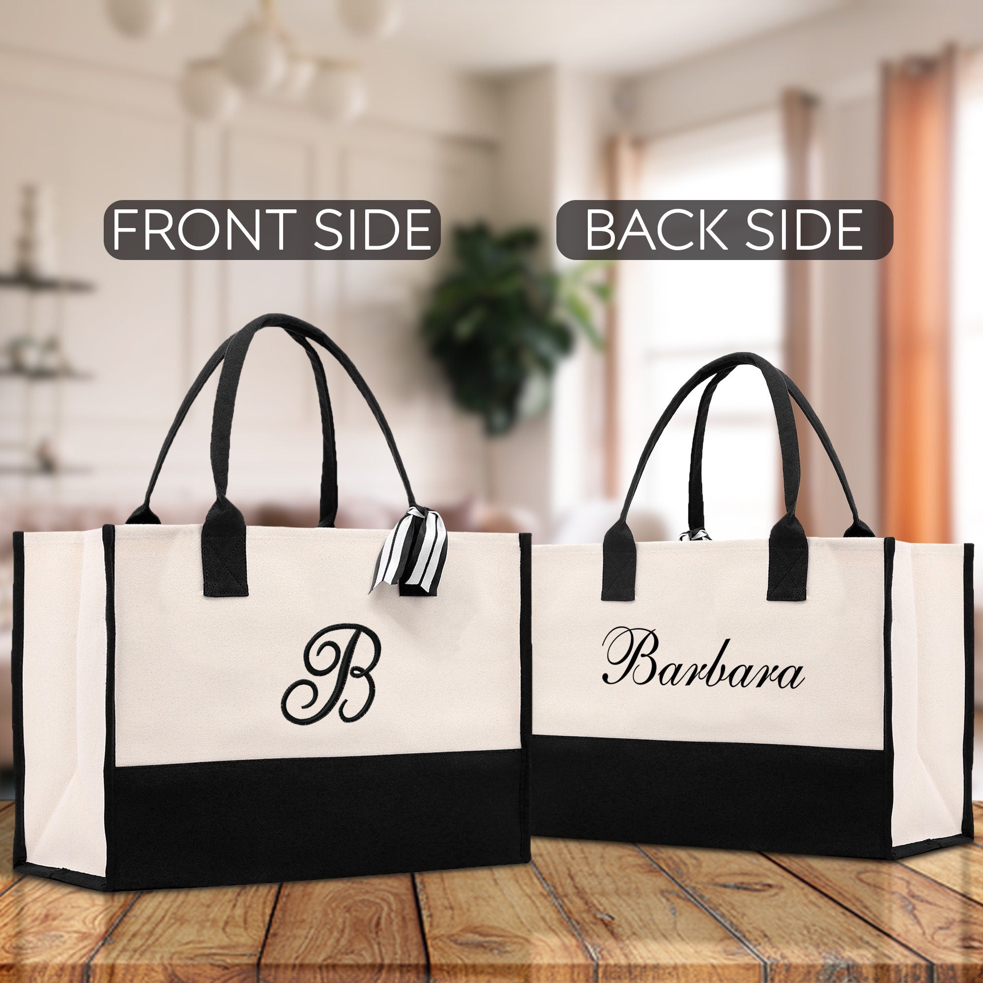 Monogram and Personalized Name Cotton Canvas Tote Bag Initial Tote Bag Letter Tote Bag Birthday Gift Bag Beach Bag Custom Monogrammed Bag - Aaria Tees Aaria Tees