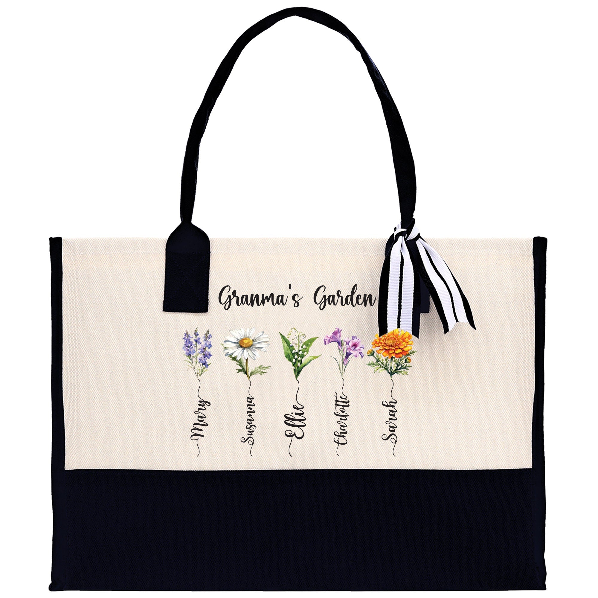Personalized Kids and Grandkids Name Cotton Canvas Tote Bag Custom Flower Tote Bag Gift for Mom Gift for Grandma Birth Month Grandkids Name - Aaria Tees Aaria Tees