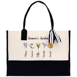 Personalized Kids and Grandkids Name Cotton Canvas Tote Bag Custom Flower Tote Bag Gift for Mom Gift for Grandma Birth Month Grandkids Name - Aaria Tees Aaria Tees