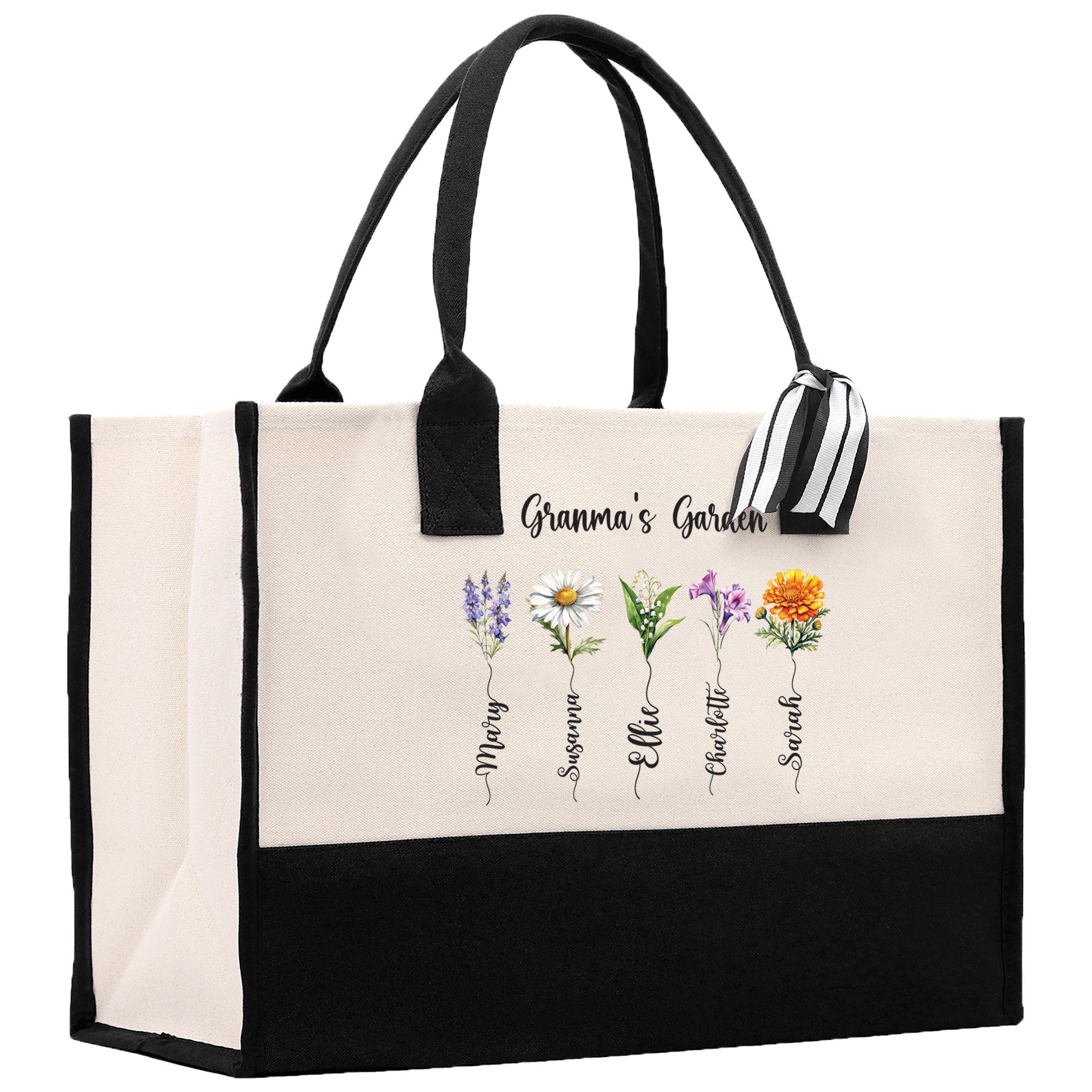 Personalized Kids and Grandkids Name Cotton Canvas Tote Bag Custom Flower Tote Bag Gift for Mom Gift for Grandma Birth Month Grandkids Name - Aaria Tees Aaria Tees