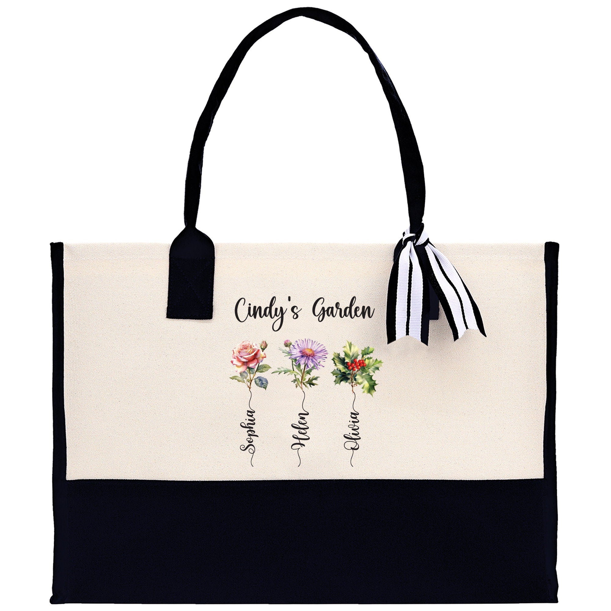 Personalized Kids and Grandkids Name Cotton Canvas Tote Bag Custom Flower Tote Bag Gift for Mom Gift for Grandma Birth Month Grandkids Name - Aaria Tees Aaria Tees