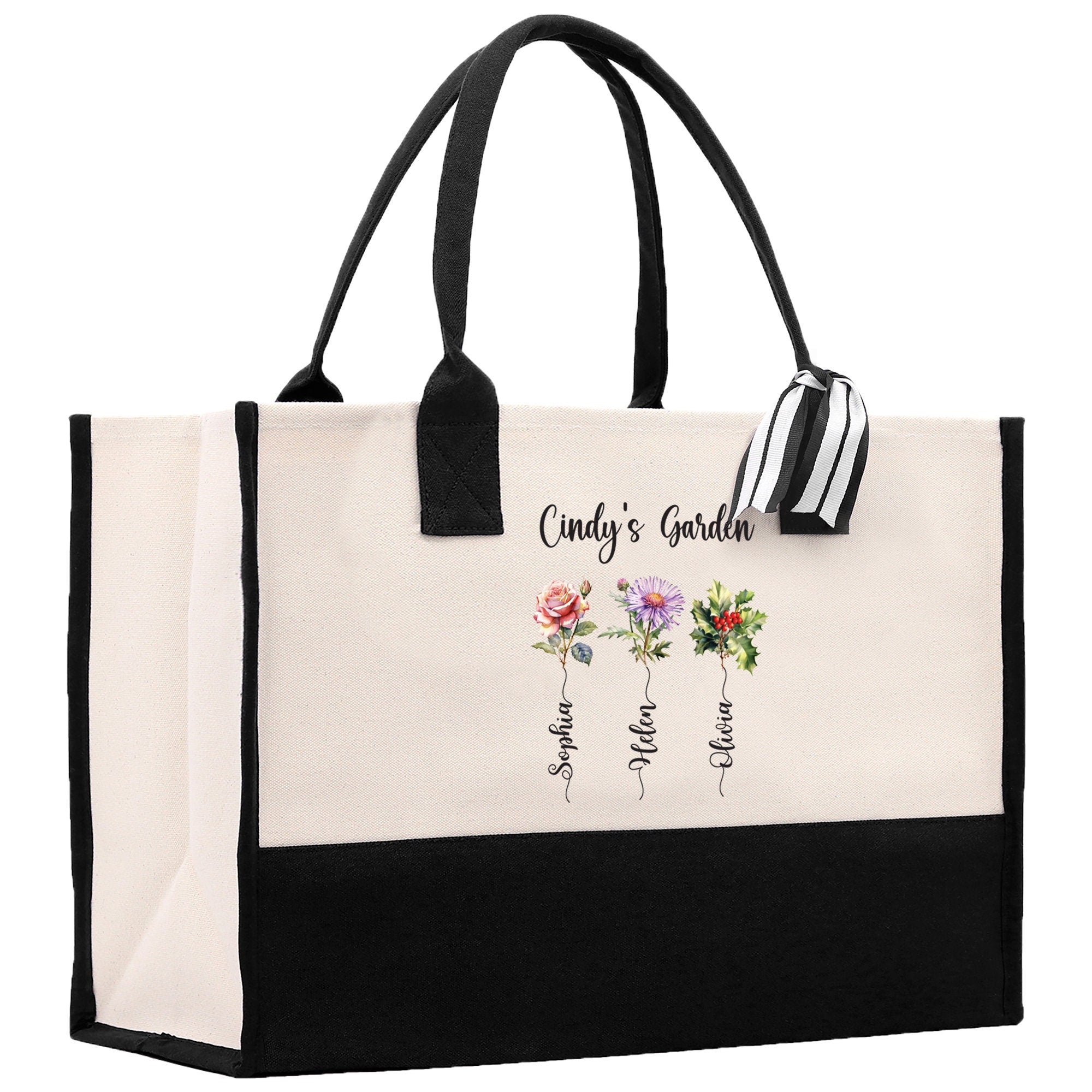 Personalized Kids and Grandkids Name Cotton Canvas Tote Bag Custom Flower Tote Bag Gift for Mom Gift for Grandma Birth Month Grandkids Name - Aaria Tees Aaria Tees
