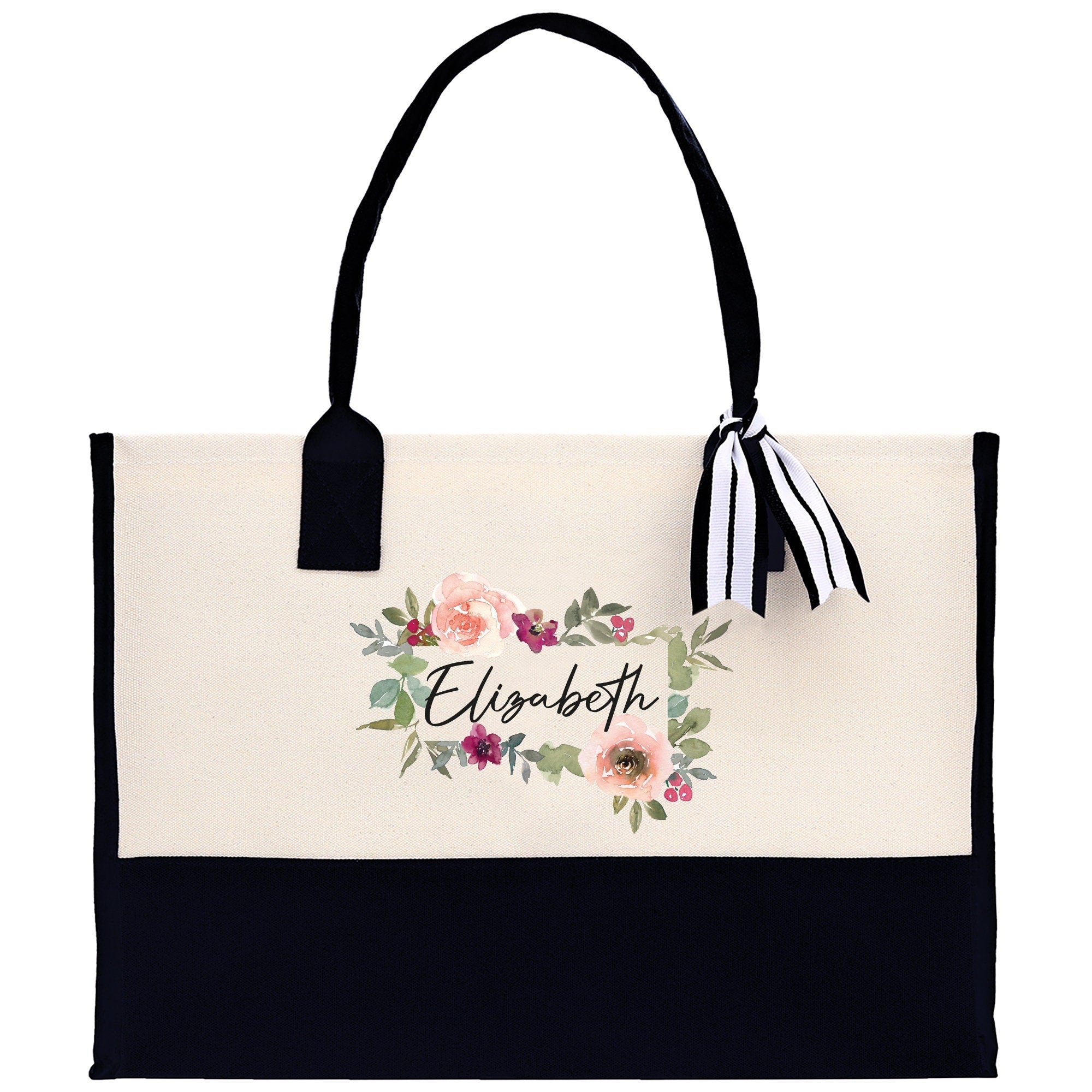 Floral Frame Custom Name Cotton Canvas Tote Bag Personalized Bridesmaid Gift Bag Wedding Birthday Gift Custom Name Tote Maid of Honor Gift - Aaria Tees Aaria Tees